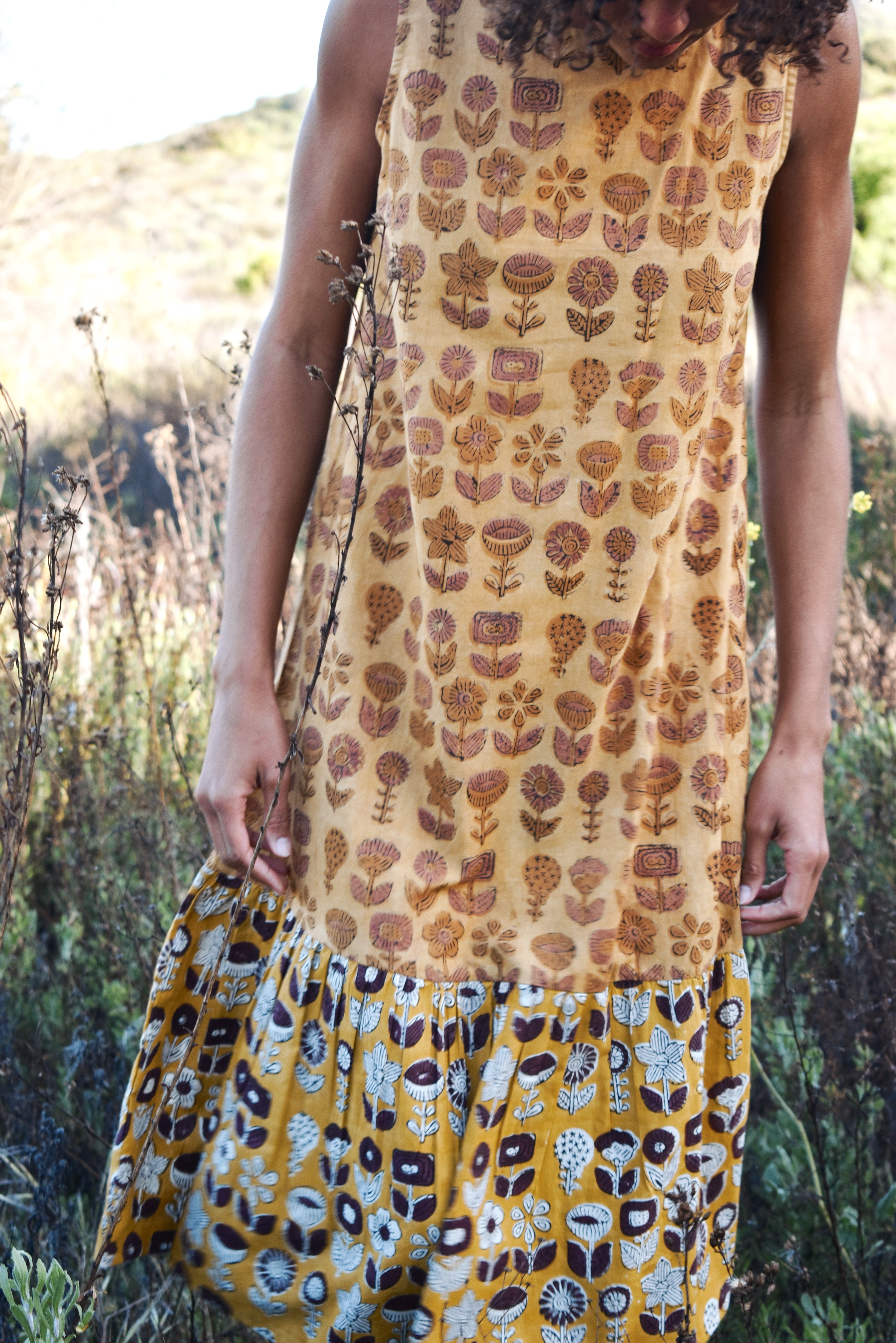 Block printed yellow floral ruffle sleeveless midi dress