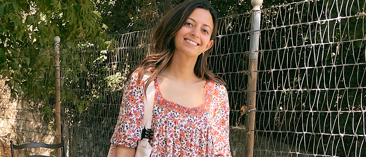 Nargis, co-founder of From, Mila wearing the Mia Midi Dress outside in LA