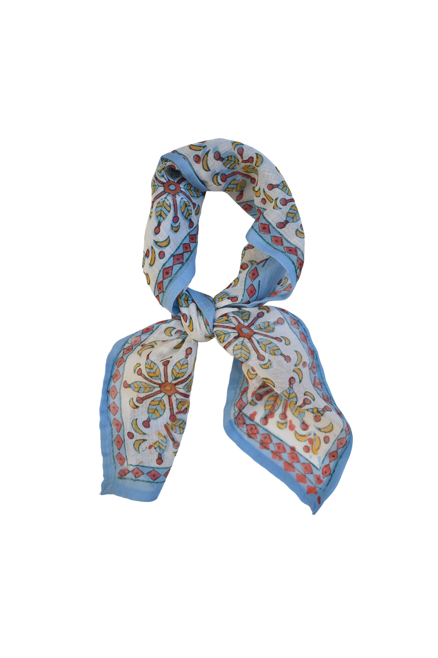 Corfu block printed floral bandana tied flat against a white background