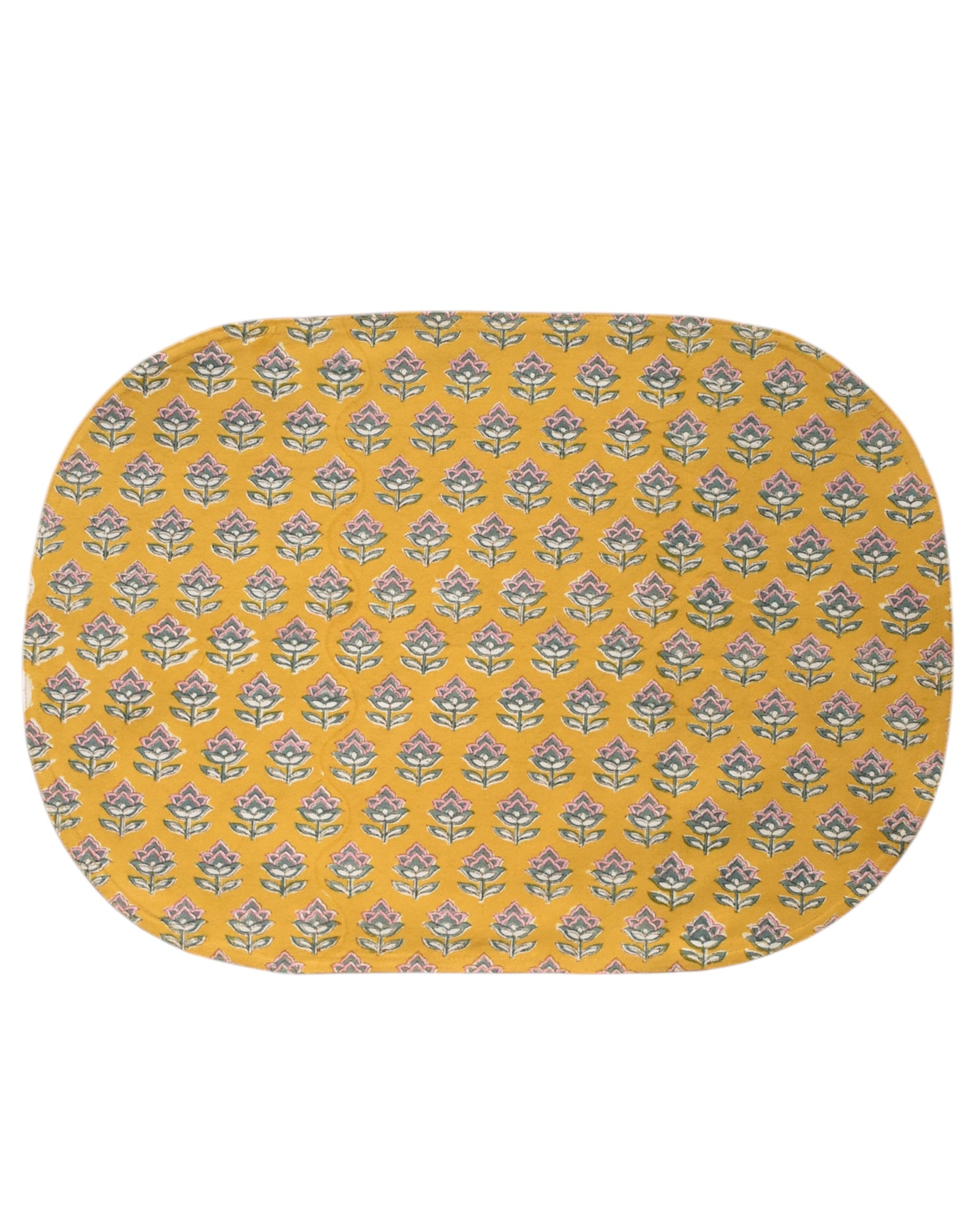 Reversible side of the Blossom cotton placemat. Back side has a smaller, all over floral print.