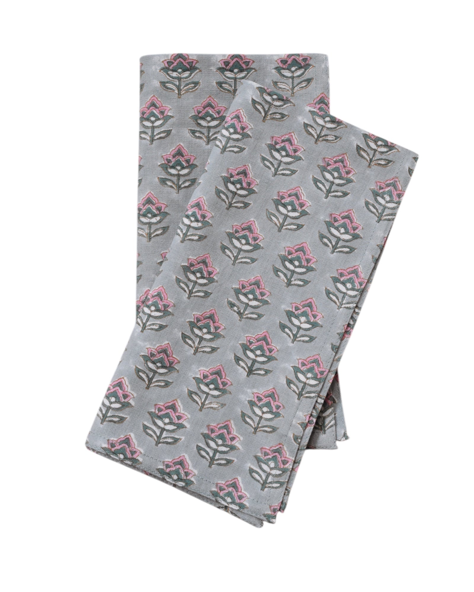 Block printed Blossom floral cotton napkins, folded and laid flat.