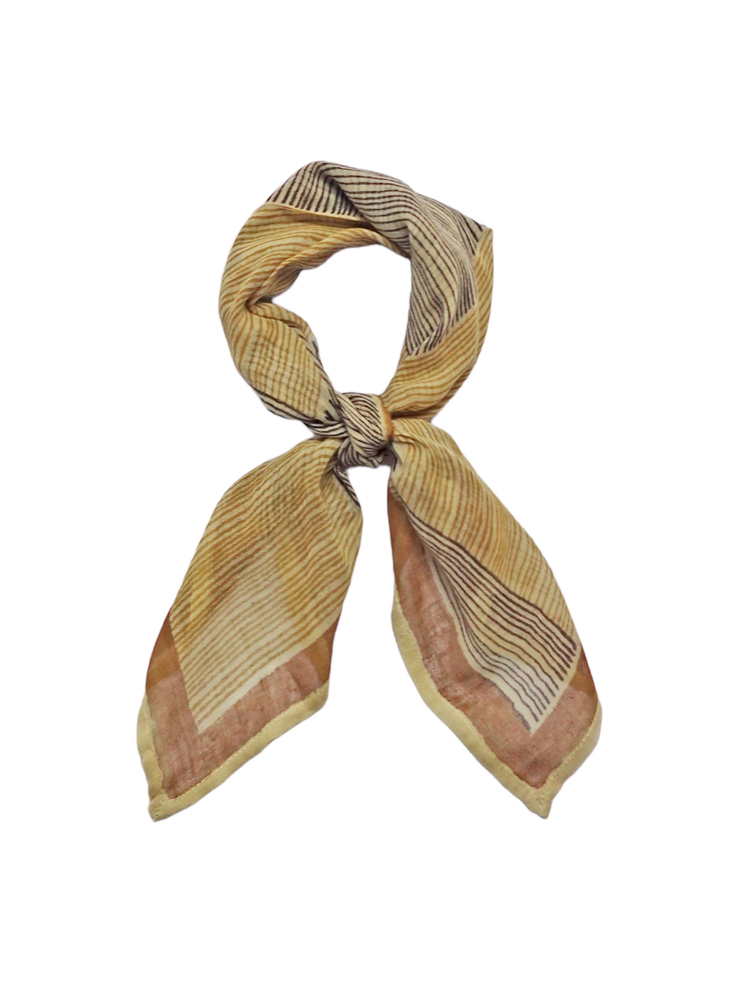 Vertical and horizontal striped block printed Savanna bandana tied flat against a white background