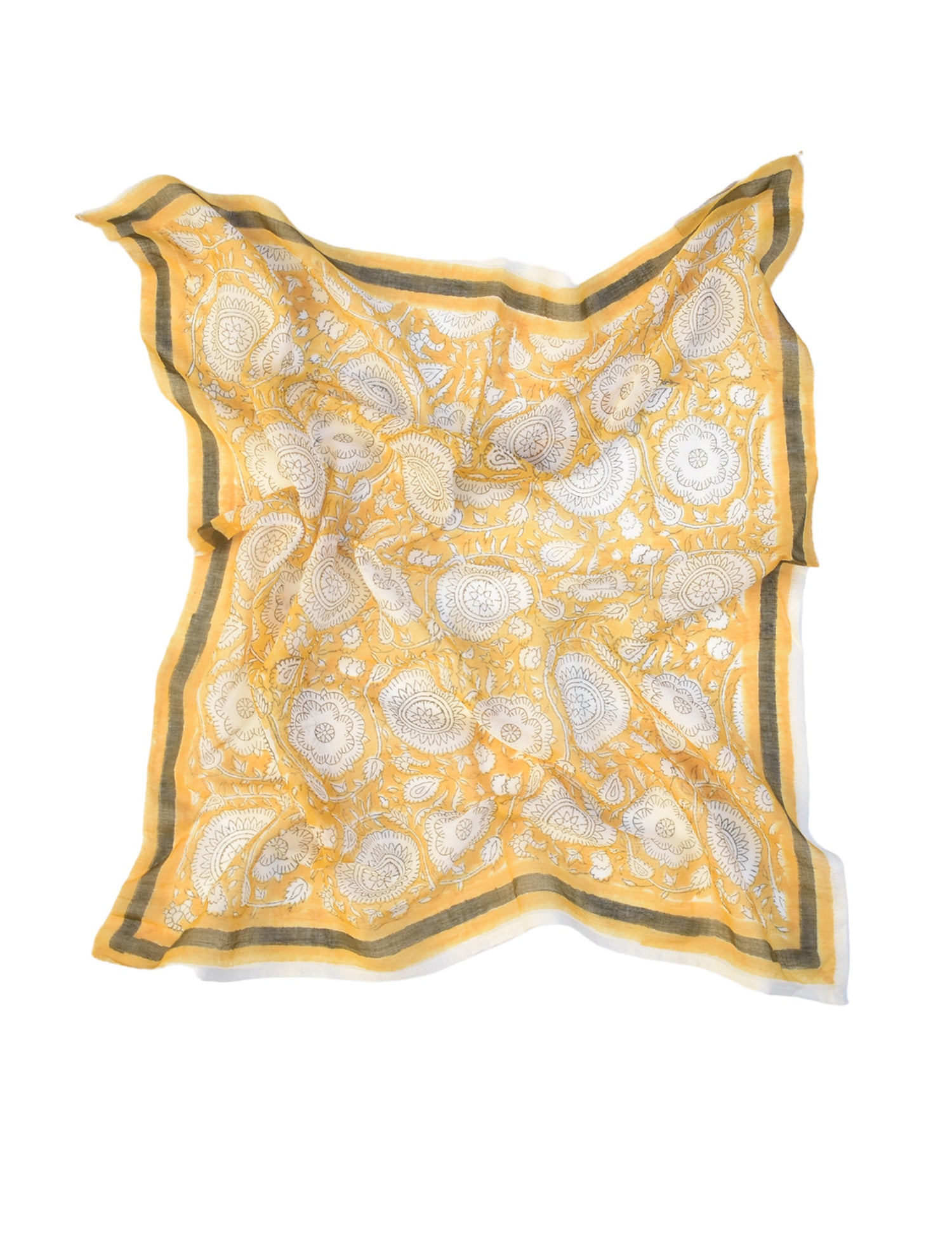 Tate yellow block printed floral bandana laid flat against a white background