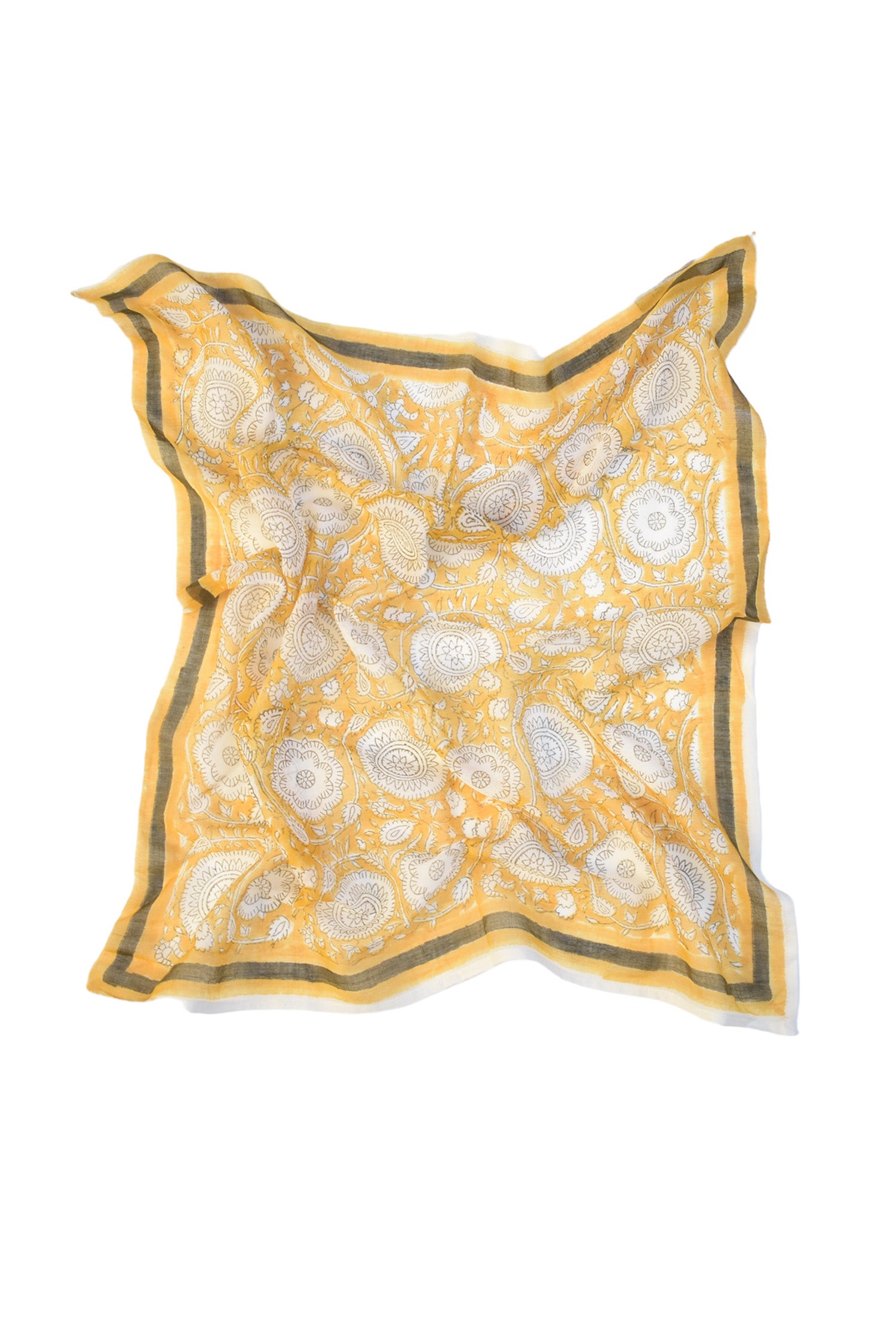 Tate yellow block printed floral bandana laid flat against a white background