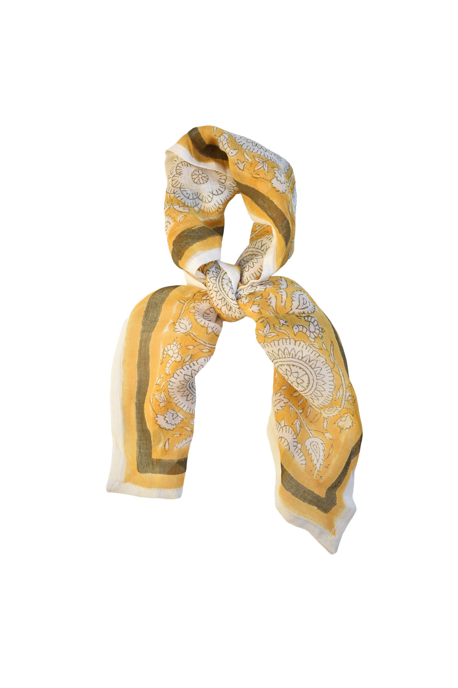 Tate yellow block printed floral bandana tied flat against a white background