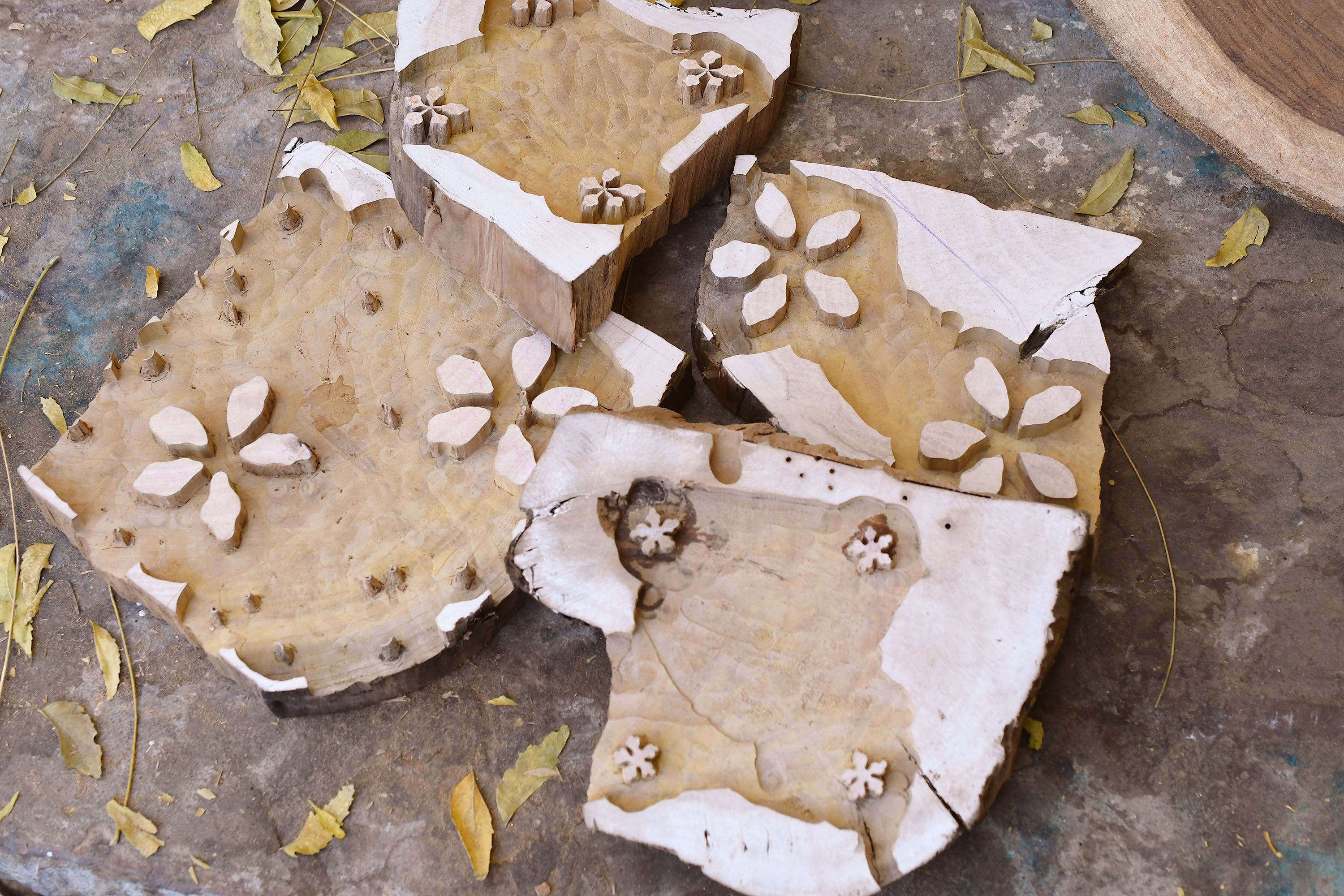 Close up of the four carved blocks used in the Capri print