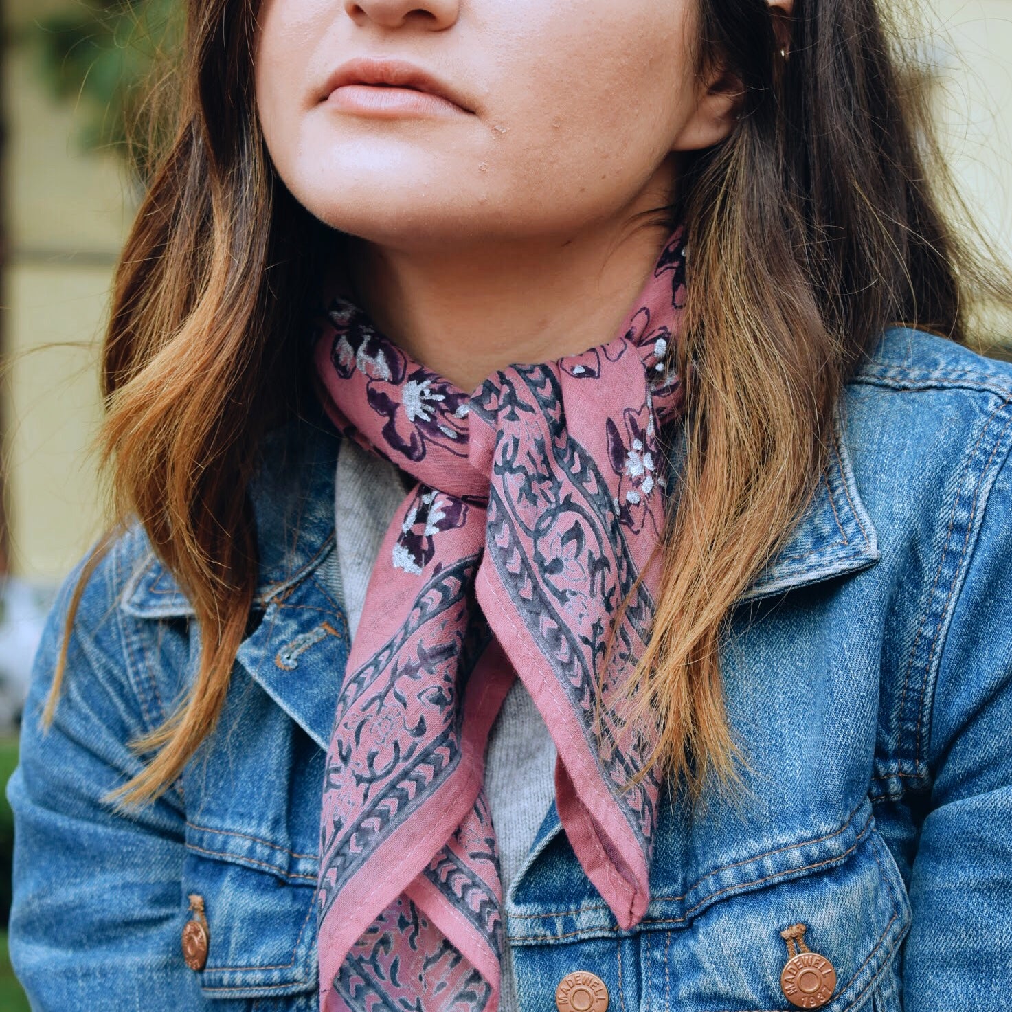 Cotton Square Pink Hand Block Printed Bandana Neck Scarf