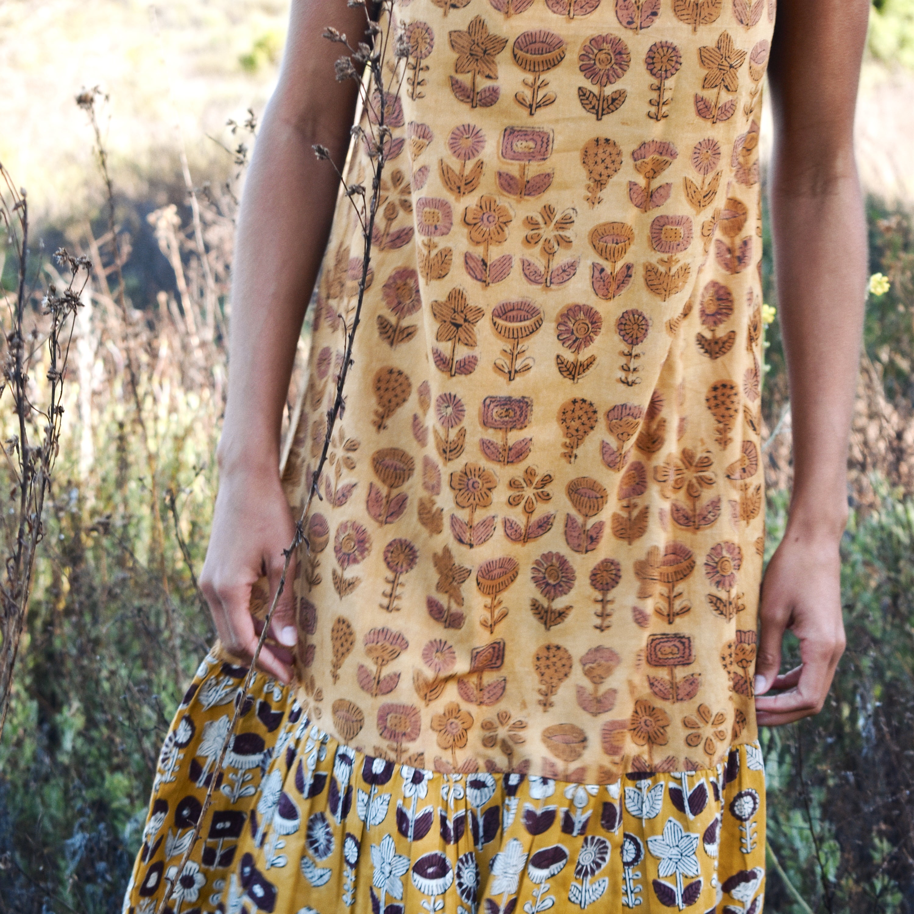 Block printed yellow floral ruffle sleeveless midi dress