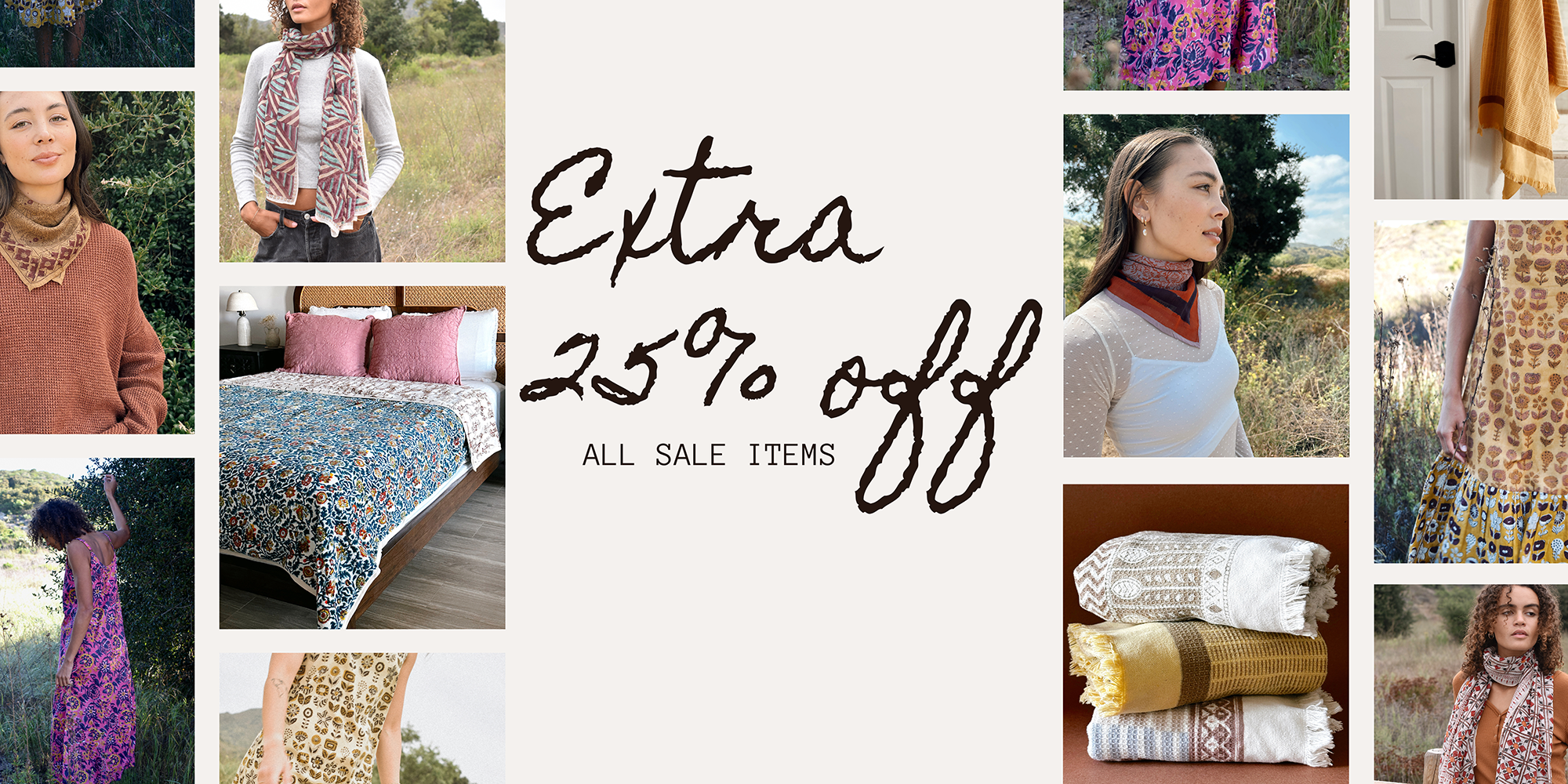 Collage of people wearing various clothing items with a promotional banner for an extra 25% off sale items.