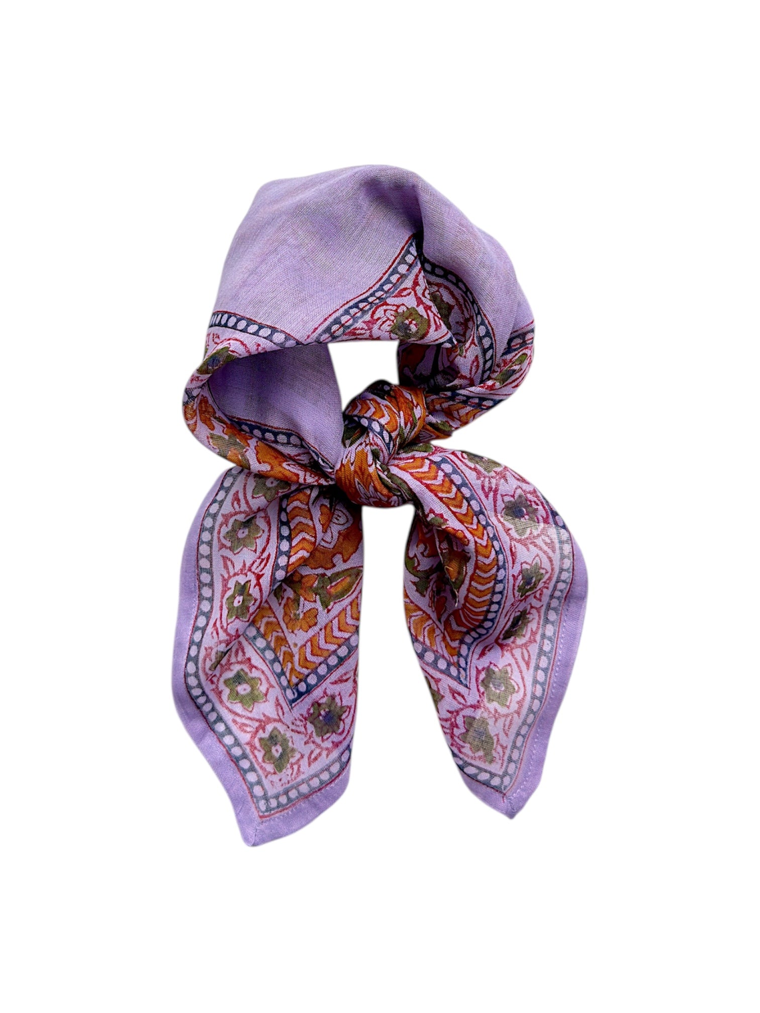 Chamomile bandana scarf tied on white background. Scarf has a lavender background with a green floral border print, and yellow flowers towards the center.