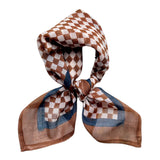 Checkered bandana scarf with brown and white pattern on a white background