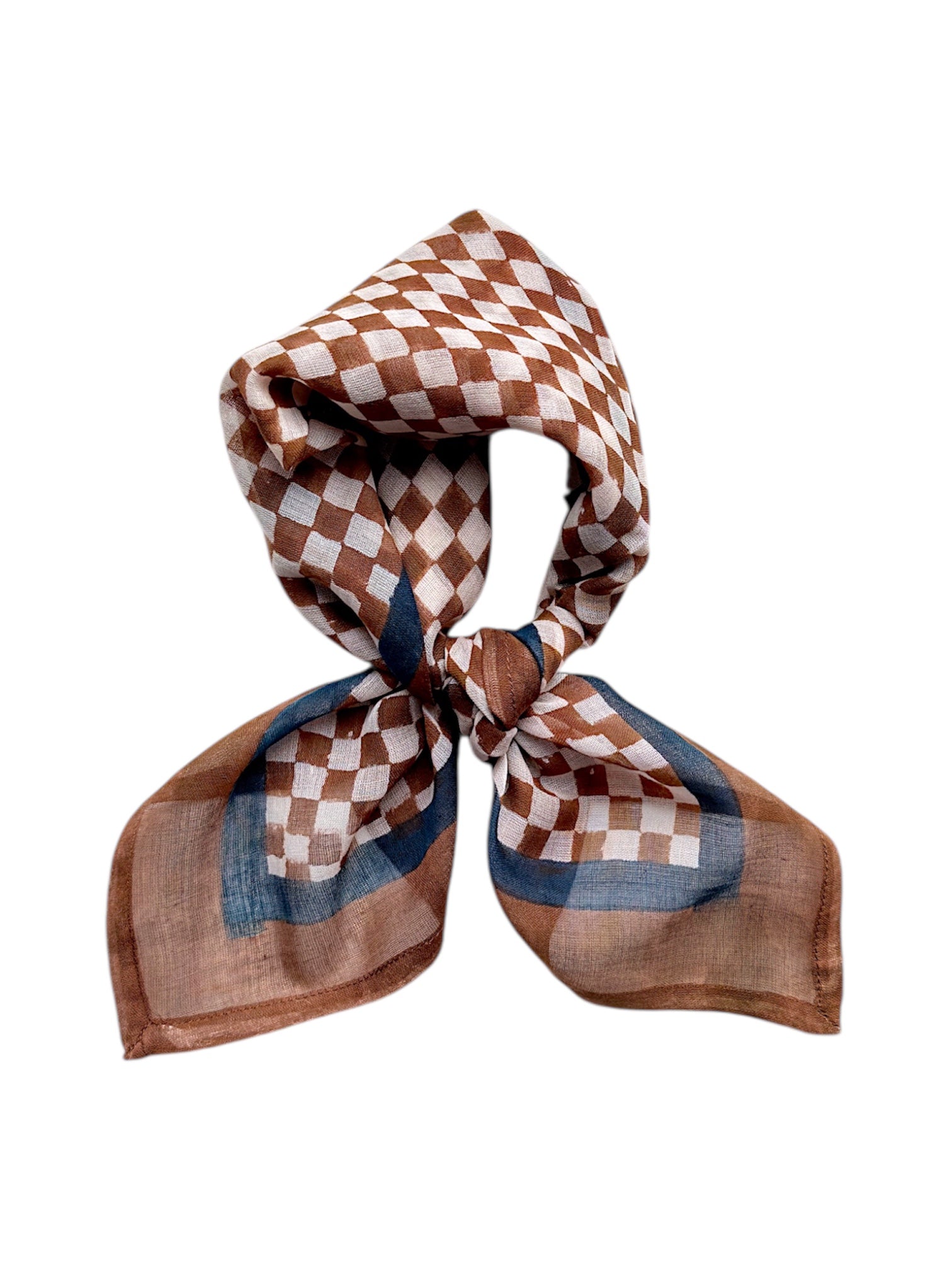 Checkered bandana scarf with brown and white pattern on a white background