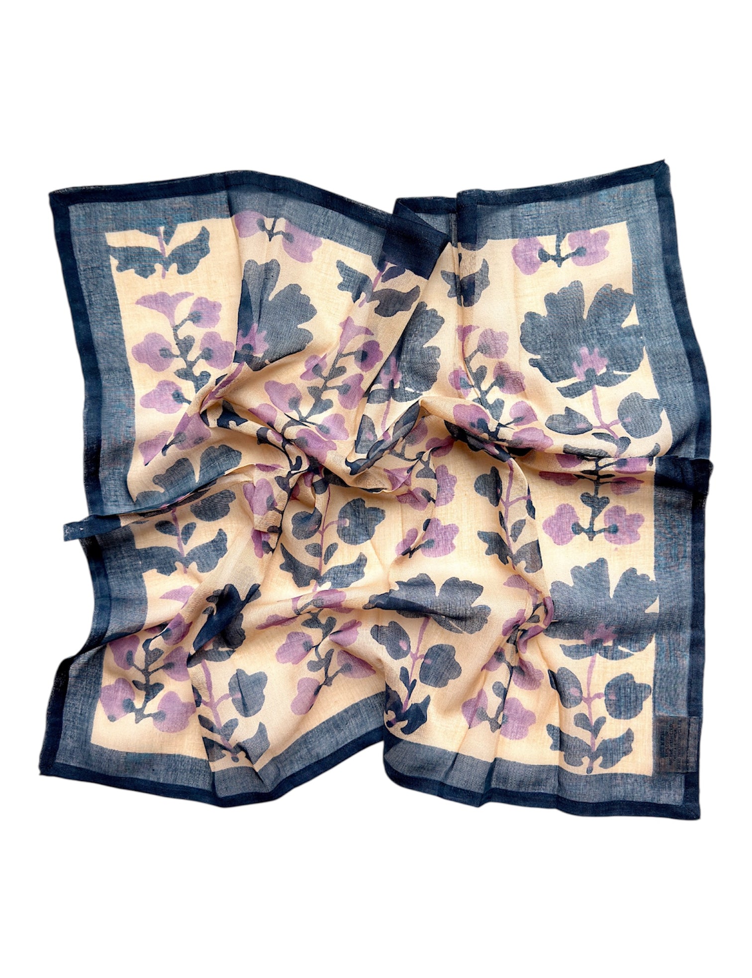Blue and lavender floral printed bandana scarf, laid flat on a white background