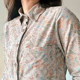 Block printed floral corduroy Helena shirt, close up on front and breast pocket