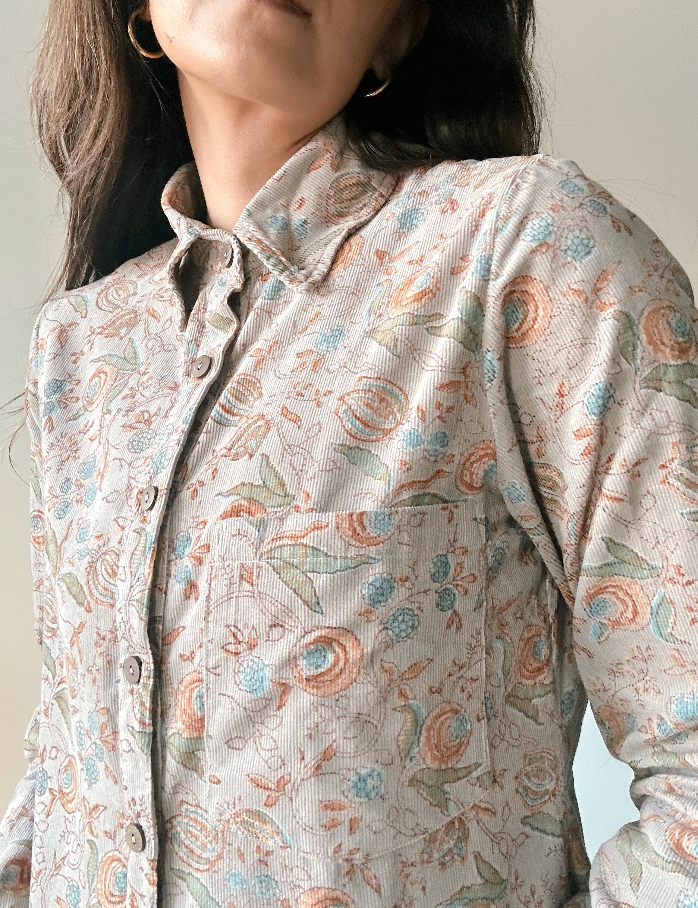 Block printed floral corduroy Helena shirt, close up on front and breast pocket