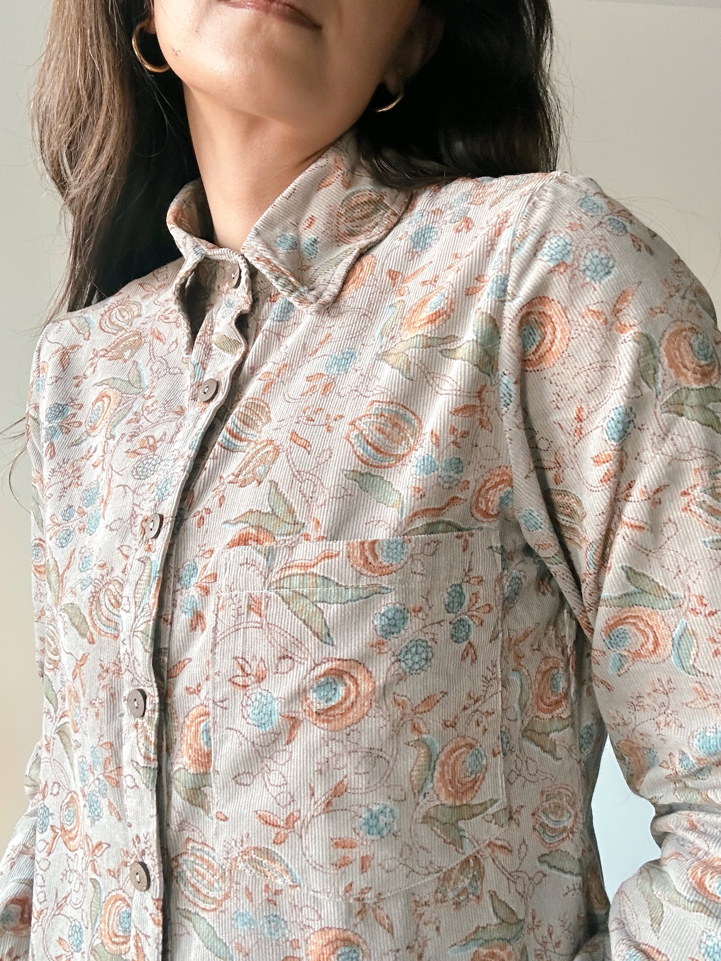 Block printed floral corduroy Helena shirt, close up on front and breast pocket