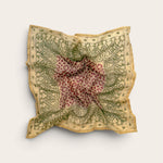 Sage & Mulberry Heart Motif Bandana Scarf in lightweight cotton flat lay display featuring deep mulberry center grid with sage green floral and heart border against off-white background