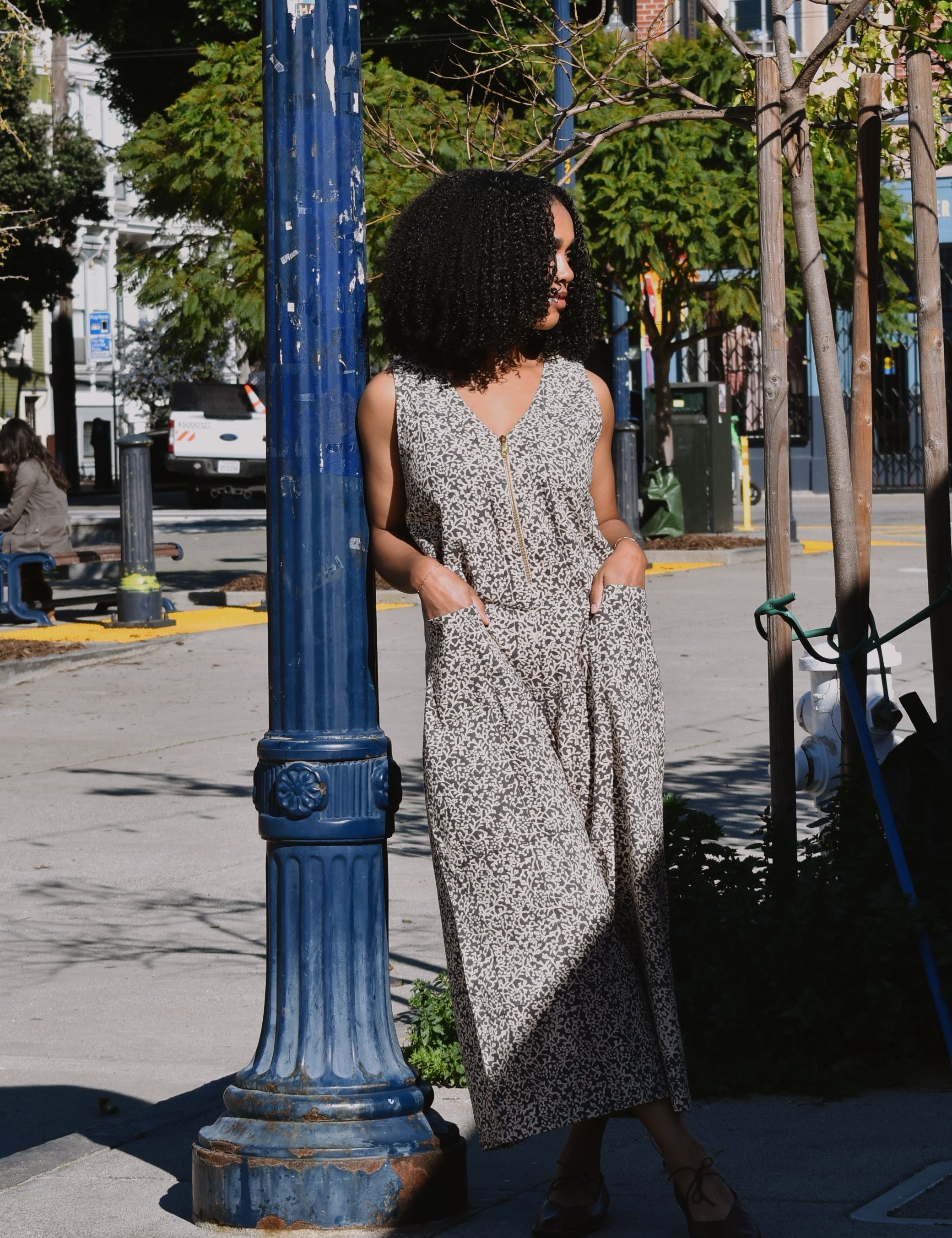 Sleeveless Floral Block Printed Cotton Jumpsuit - Onyx