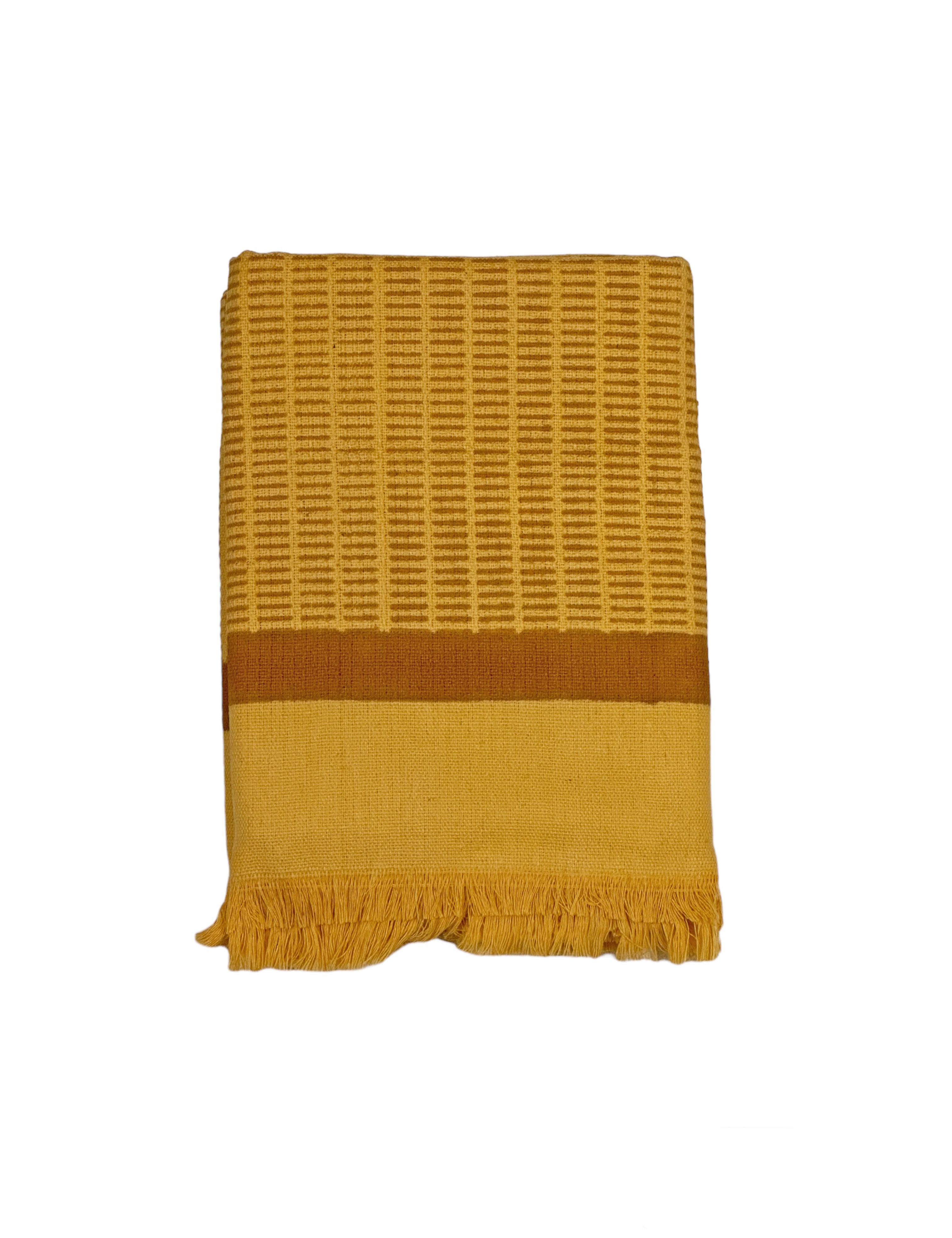 Block printed, yellow/brown, dash/line print bath towel, folded and laid flat against a white background
