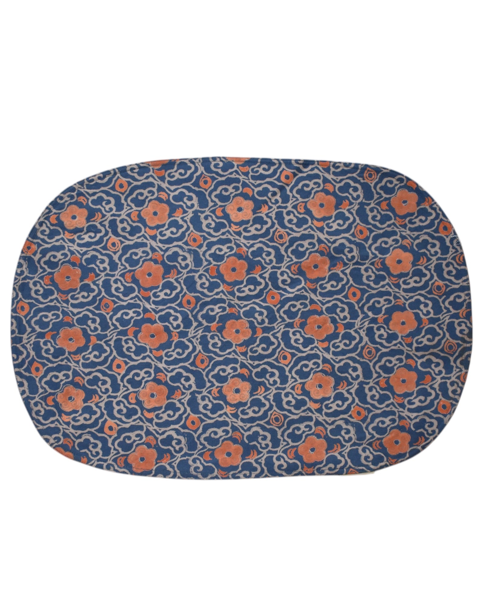 Block printed floral cotton oval placemat, front design
