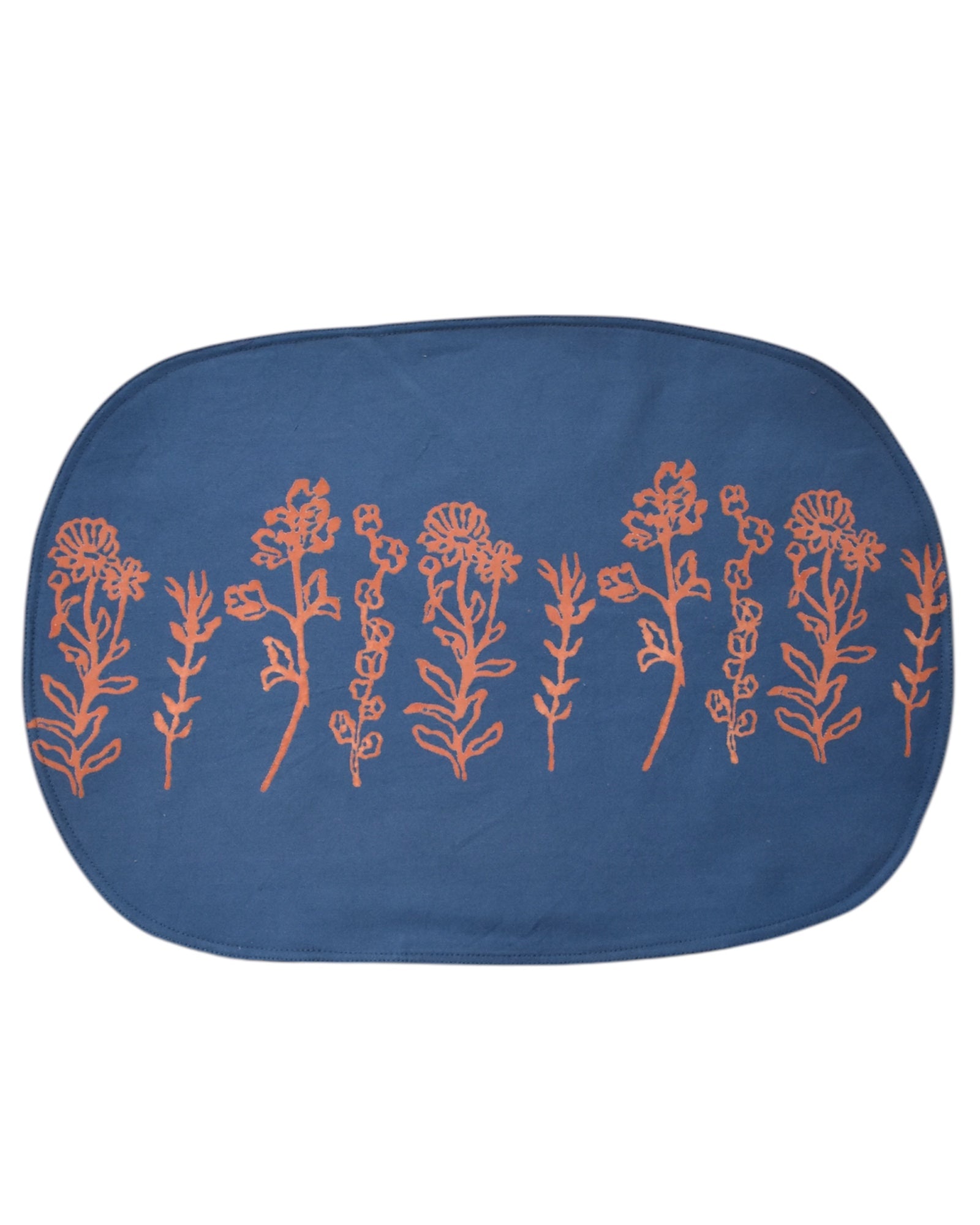 Block printed floral cotton oval placemat, back design
