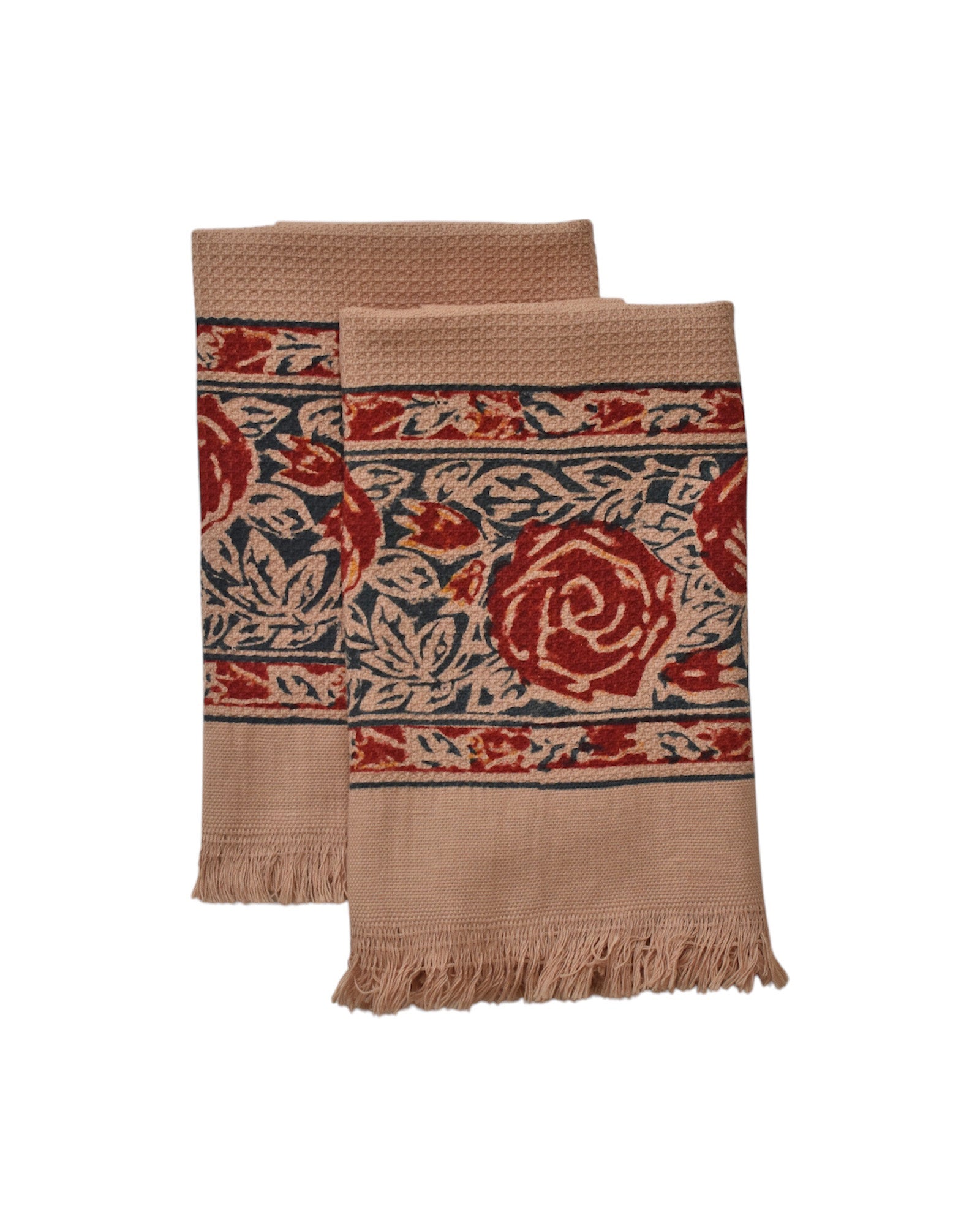 Block printed Rosebud hand towels, folded and laid flat. Towels have a rose border print.