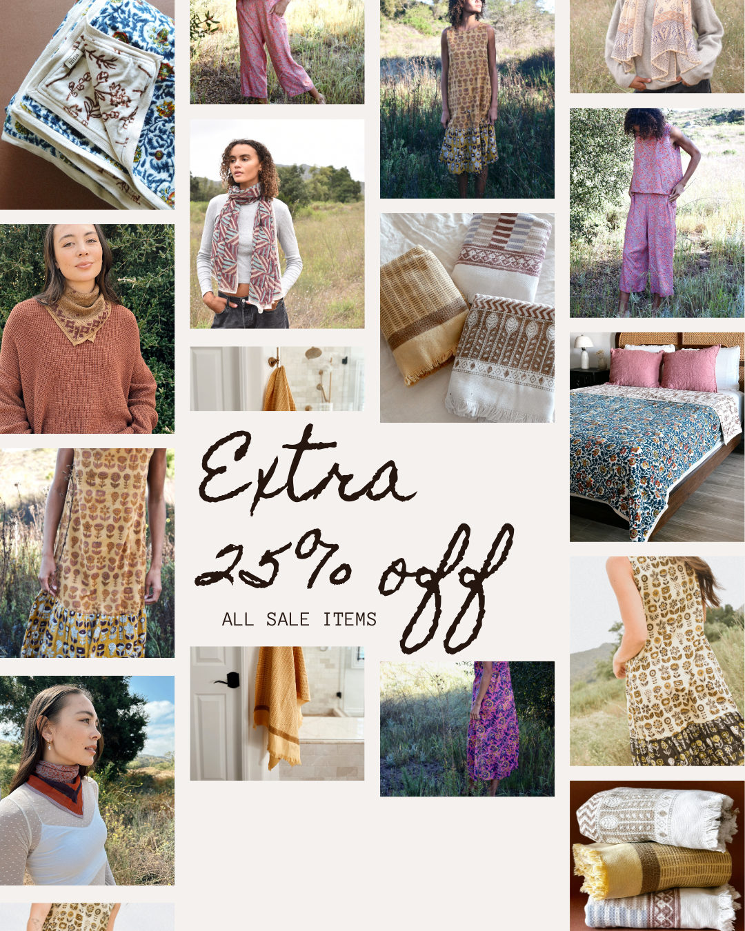 Collage of clothing and home decor items with promotional text overlay