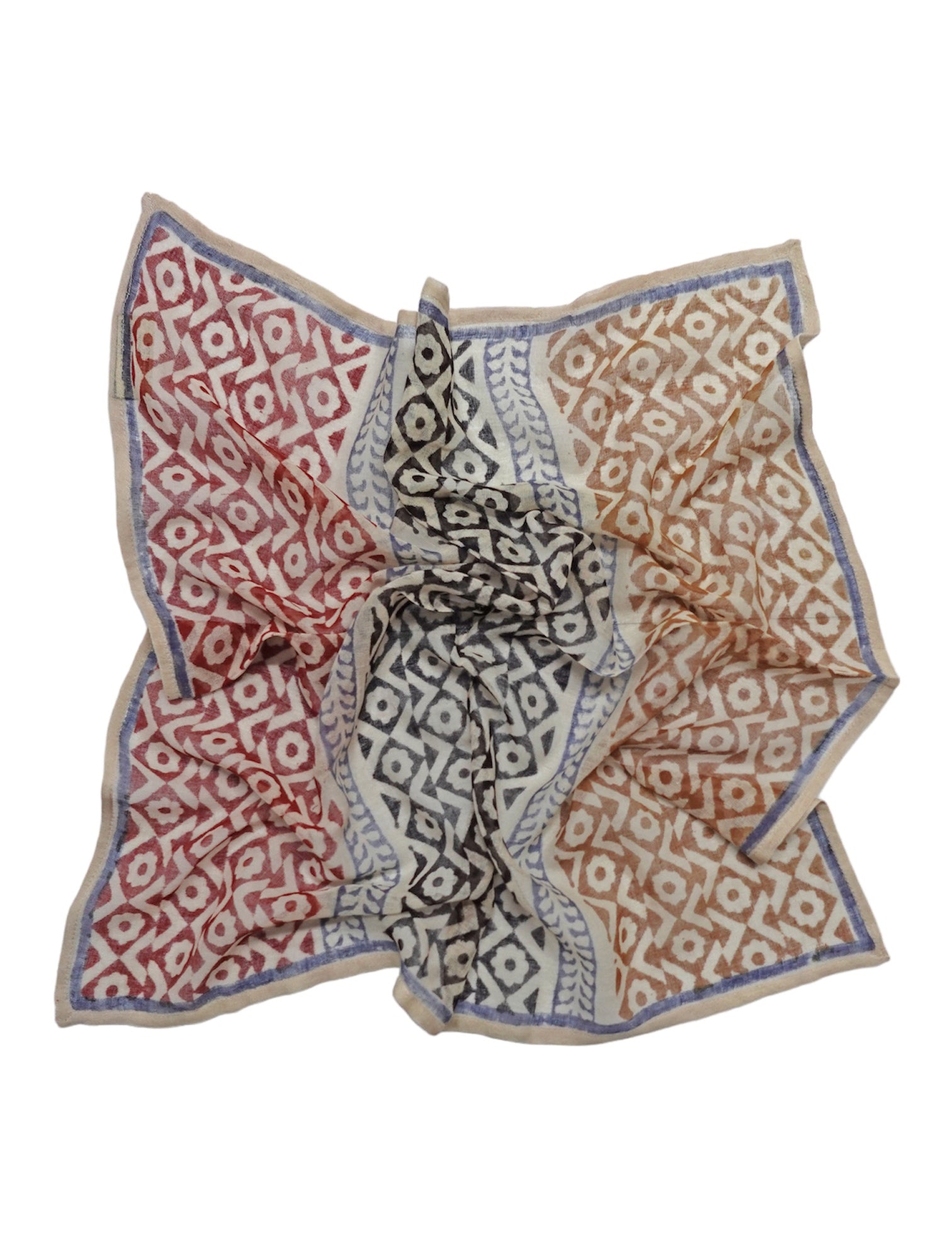 Block printed geometric and floral print Roma bandana, laid flat against a white background