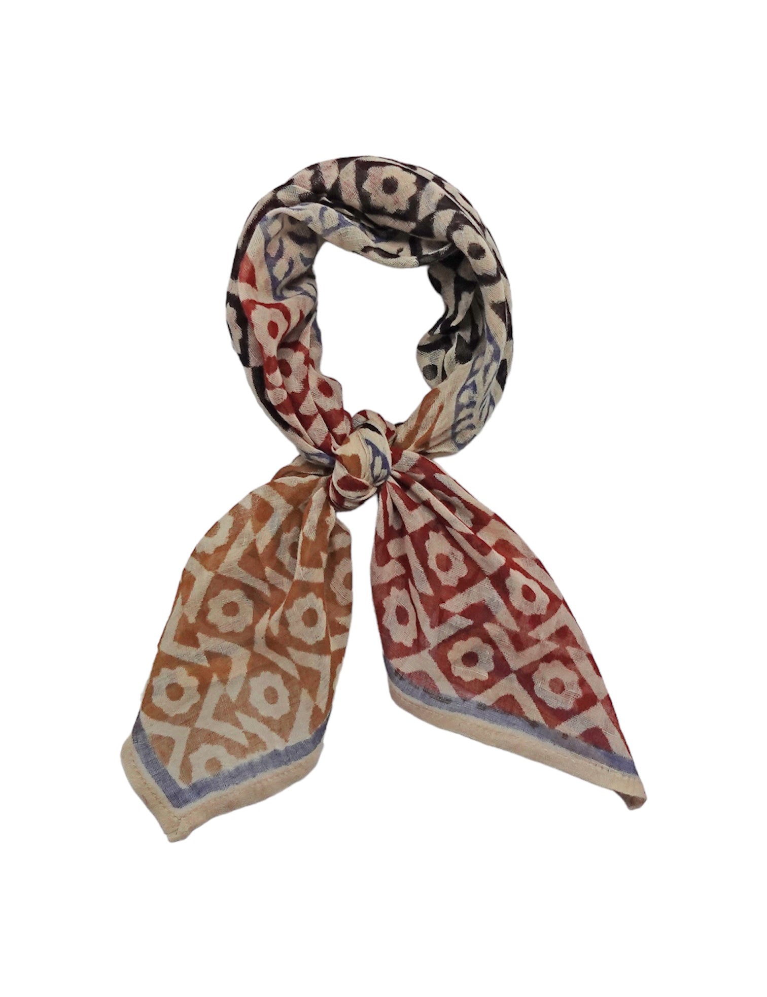 Block printed geometric and floral print Roma bandana, tied flat against a white background