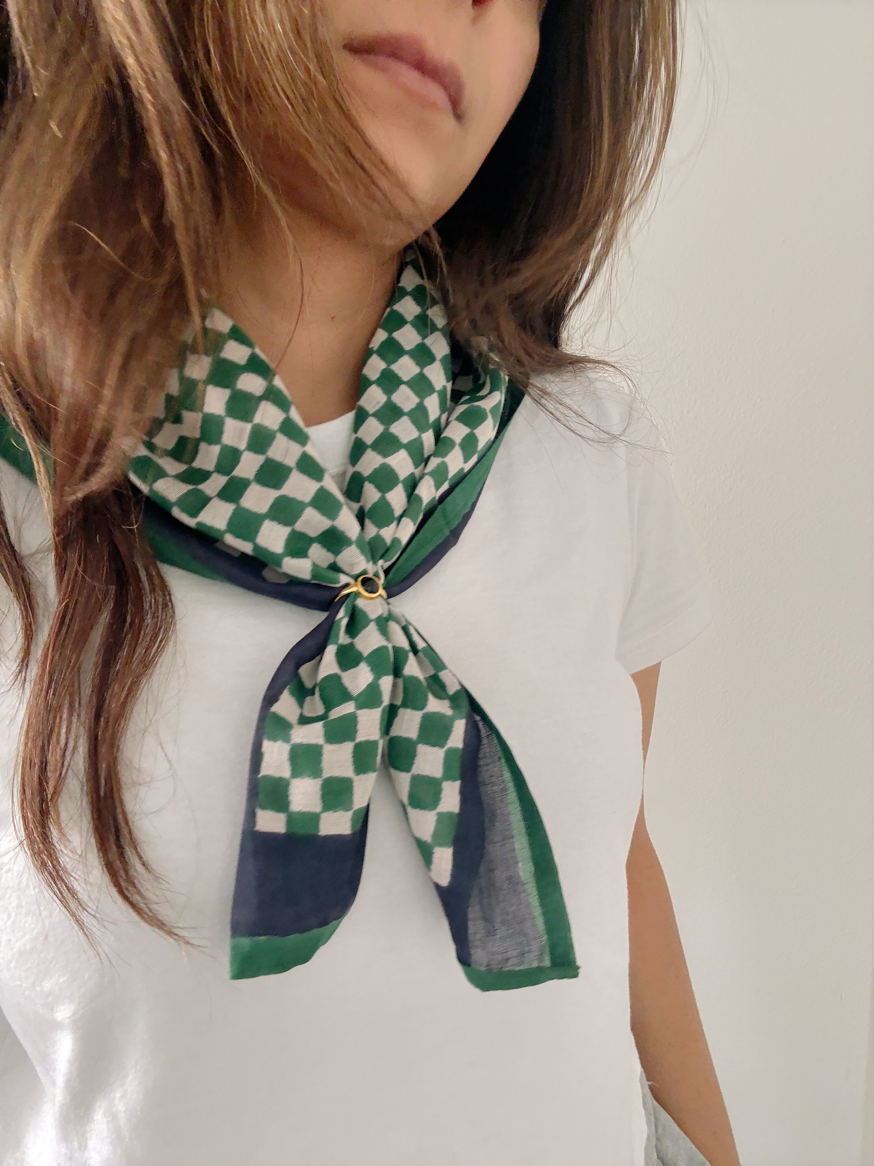 Person wearing a green and white checkered scarf on a plain background