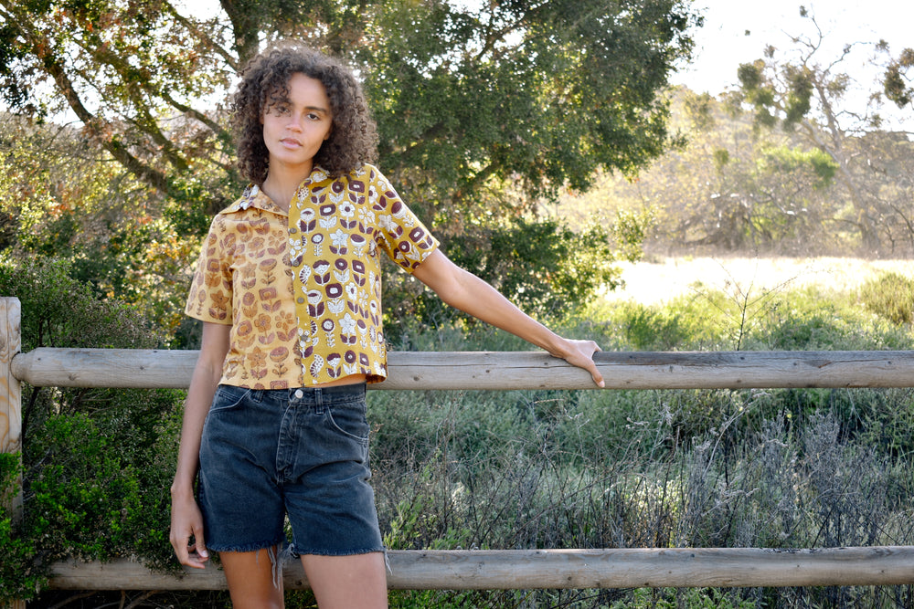 Block printed short sleeve Sharon button up shirt with all over floral print