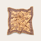 Golden Ochre Floral Bandana Scarf in lightweight cotton flat lay display with plum hand block printed flower motif and striped border against off-white background