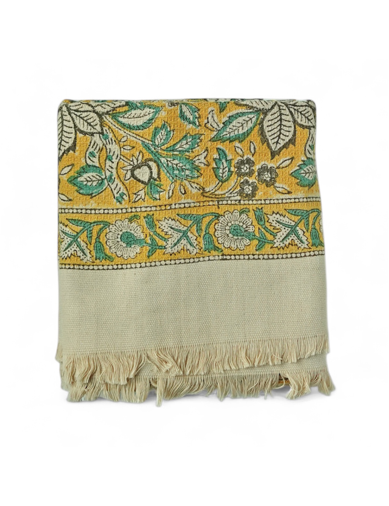 Decorative bath towel with a yellow floral pattern on a white background