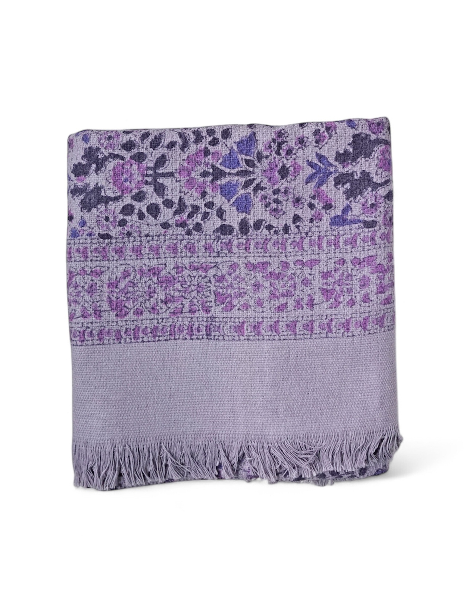 Floral printed purple bath towel folded on white background