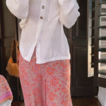 Nargis, co-founder of From, Mila, showing to how to style the Birkin cropped pant with a white shirt, loafers. Casual easy style for going out. 