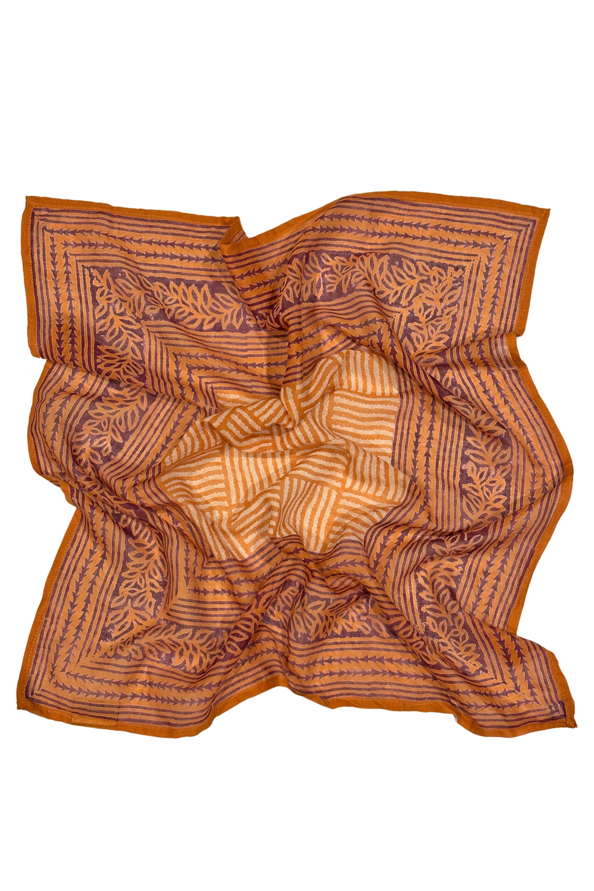 Geometric orange purple block print cotton Roshni bandana open flat on white