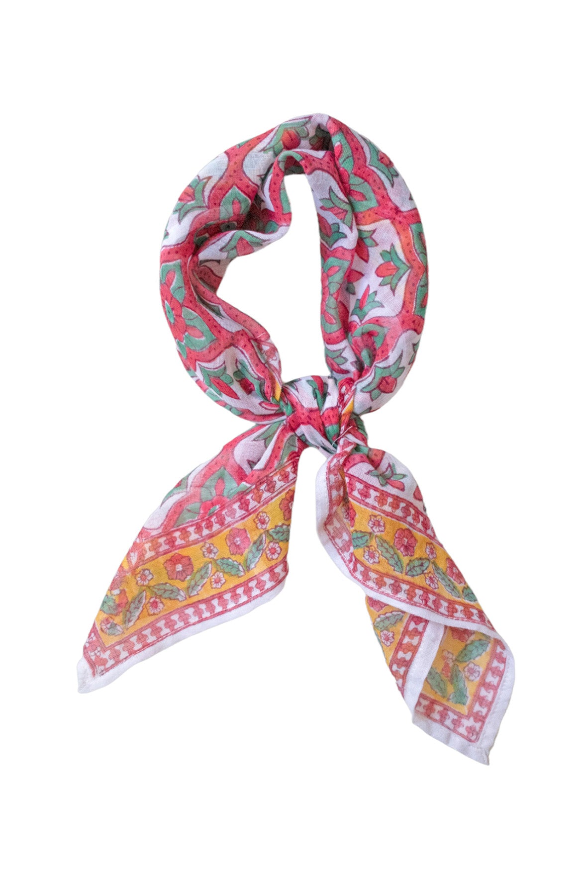 Block print Zoe Bandana tied against a white background