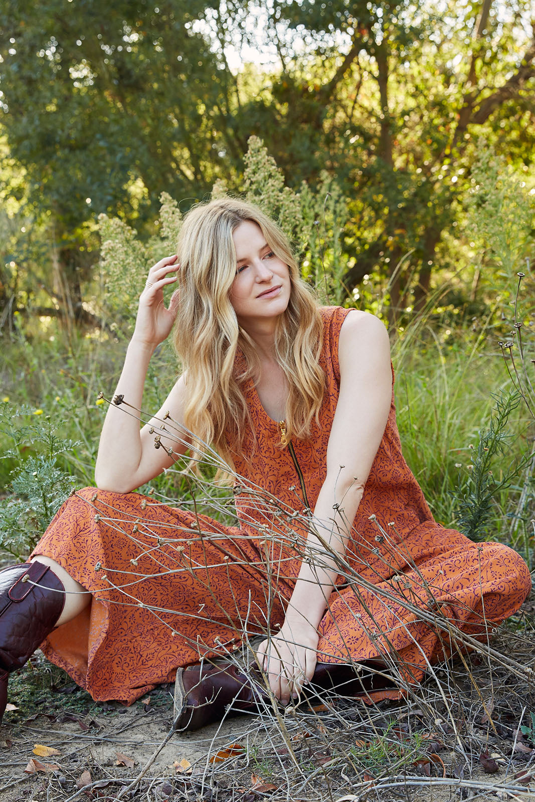 Stevie Corduroy Jumpsuit (with pockets), model sitting down
